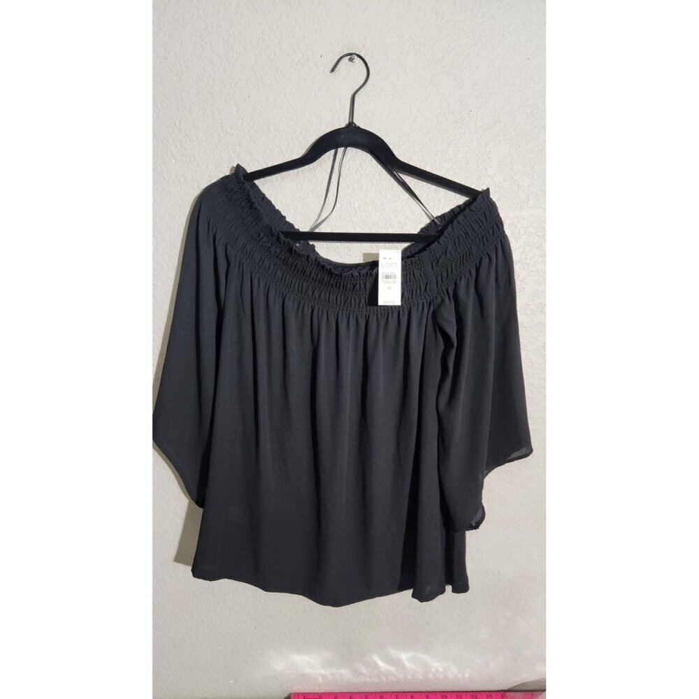 LOFT Off Shoulder Top Womens XS Black Smocked Neck Flowy Bell Sleeve Blouse New